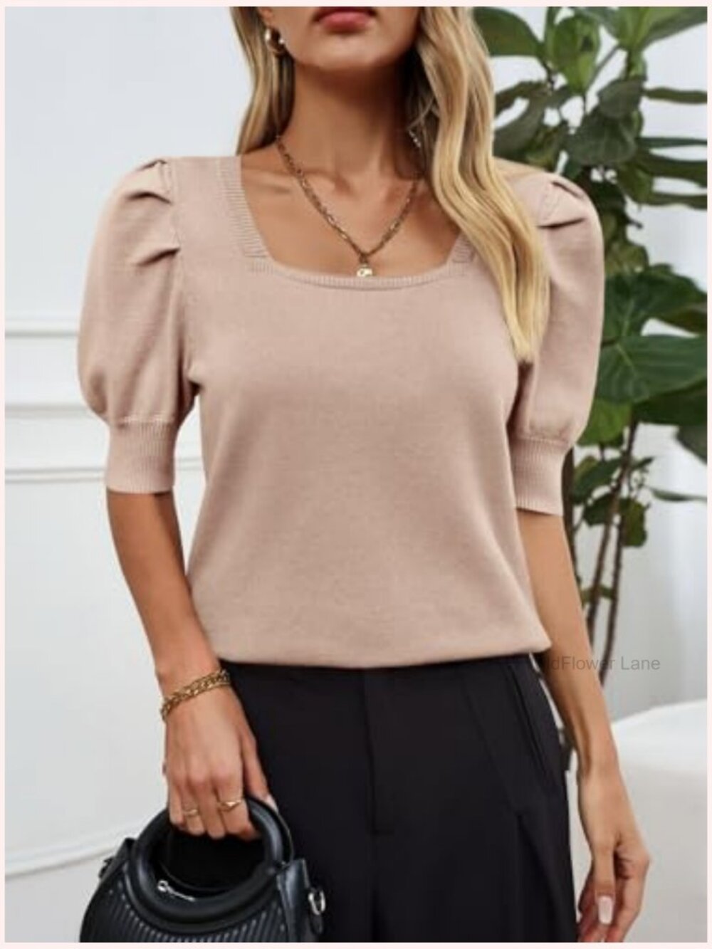 Puff Short Sleeve Knit Pullover Square Neck Loose Fit Casual - Picture 3 of 6